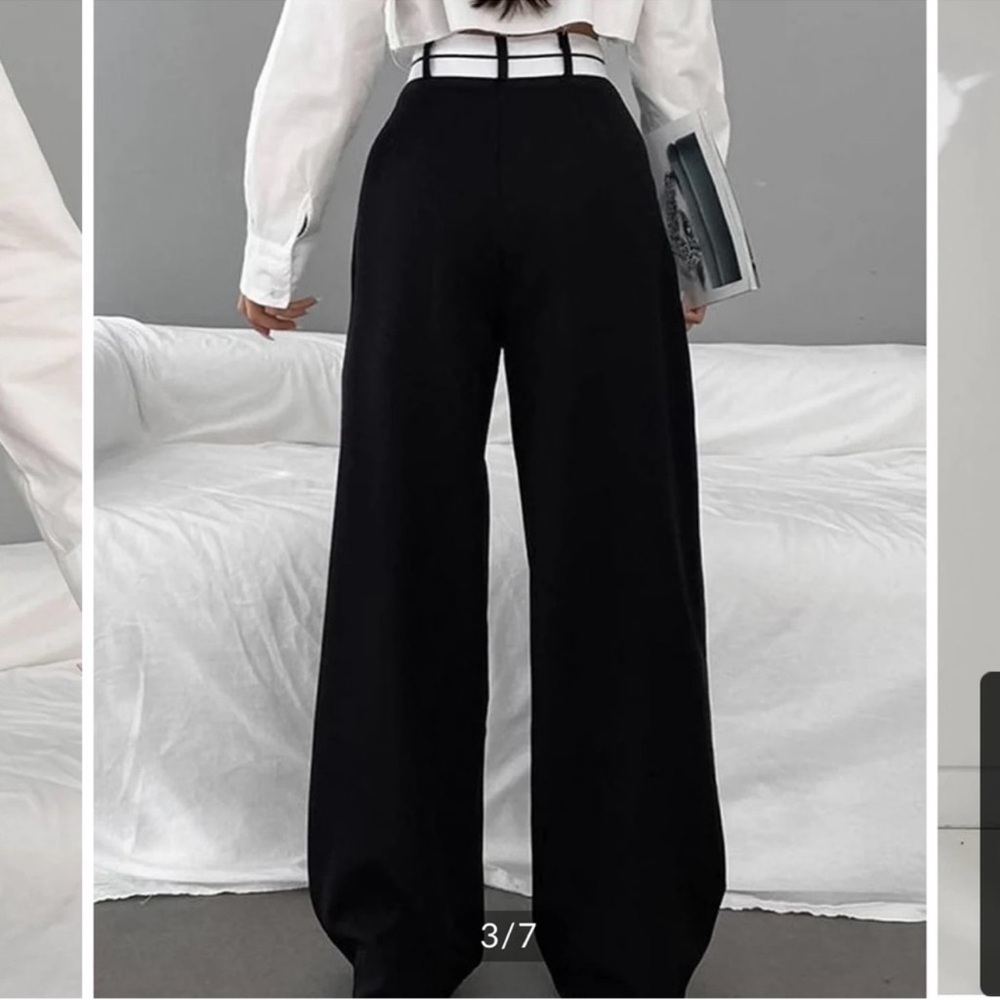 Commense Black Wide-Leg High-Waist Pants with Contrast White Waistband - Picture 2 of 8